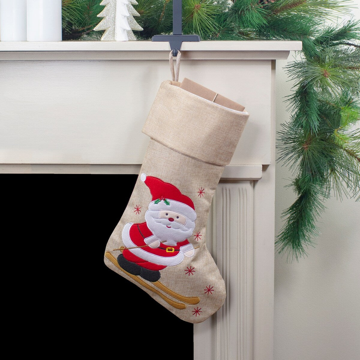 19" Burlap Skiing Santa With Poles and Snowflakes Christmas Stocking