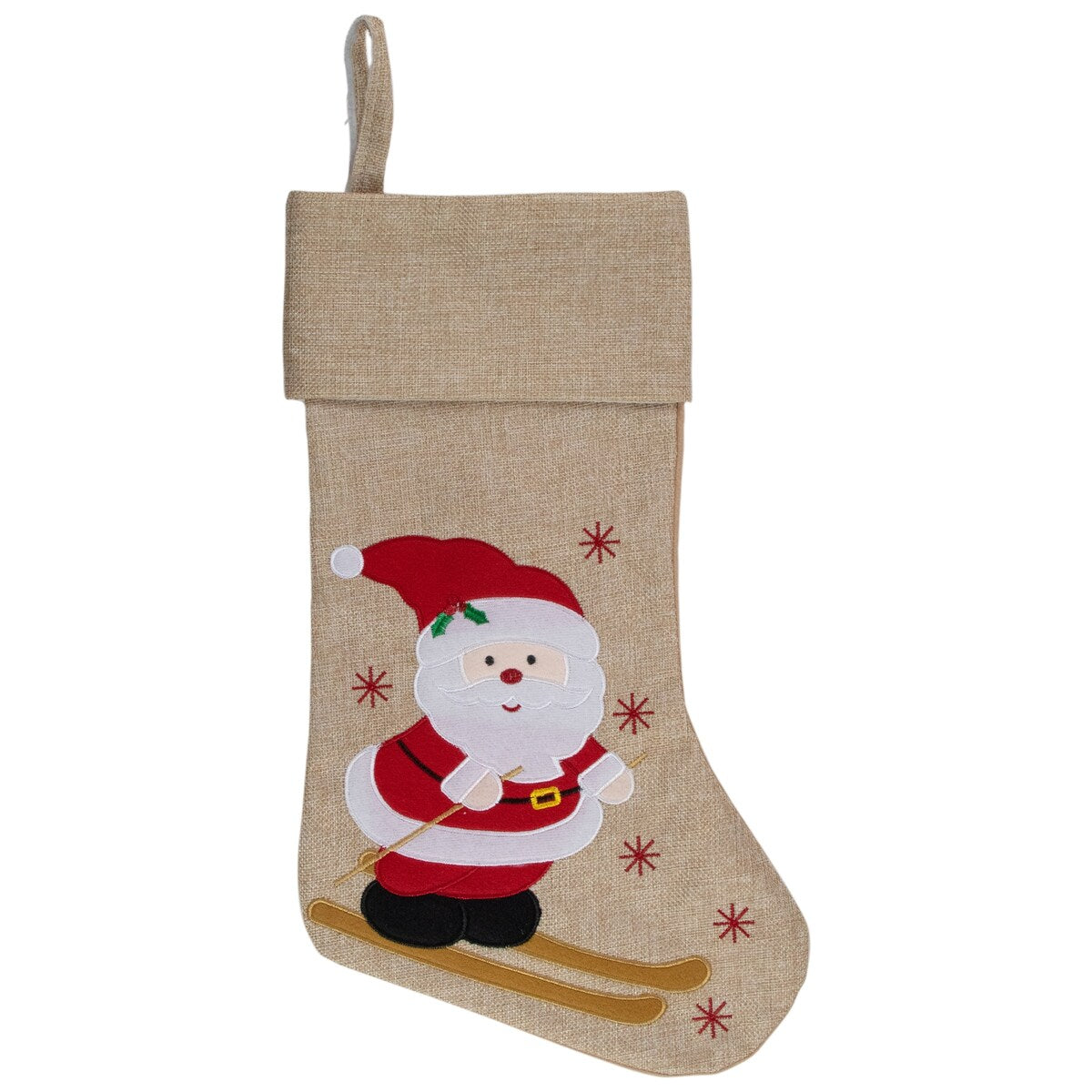 19" Burlap Skiing Santa With Poles and Snowflakes Christmas Stocking