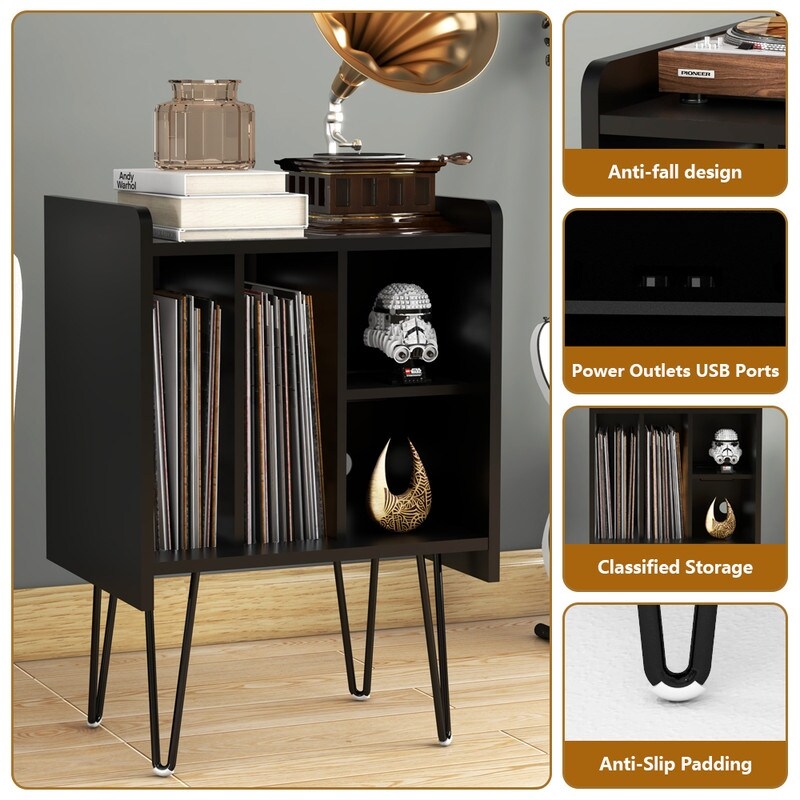 19"W Record Player Holder,Four Grid Record Table Cabinet Holder,Black Record Holder with Socket