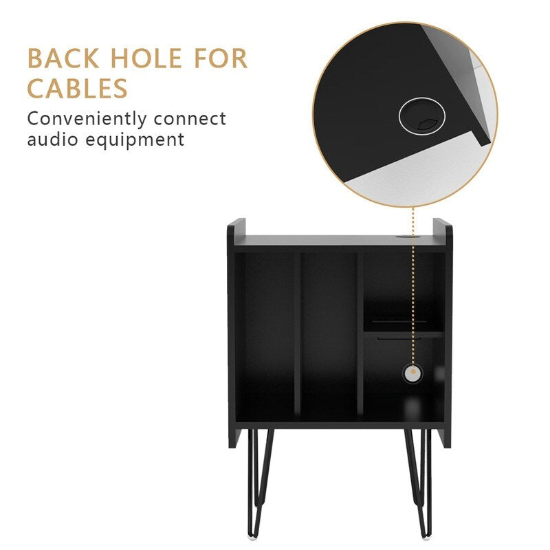 19"W Record Player Holder,Four Grid Record Table Cabinet Holder,Black Record Holder with Socket