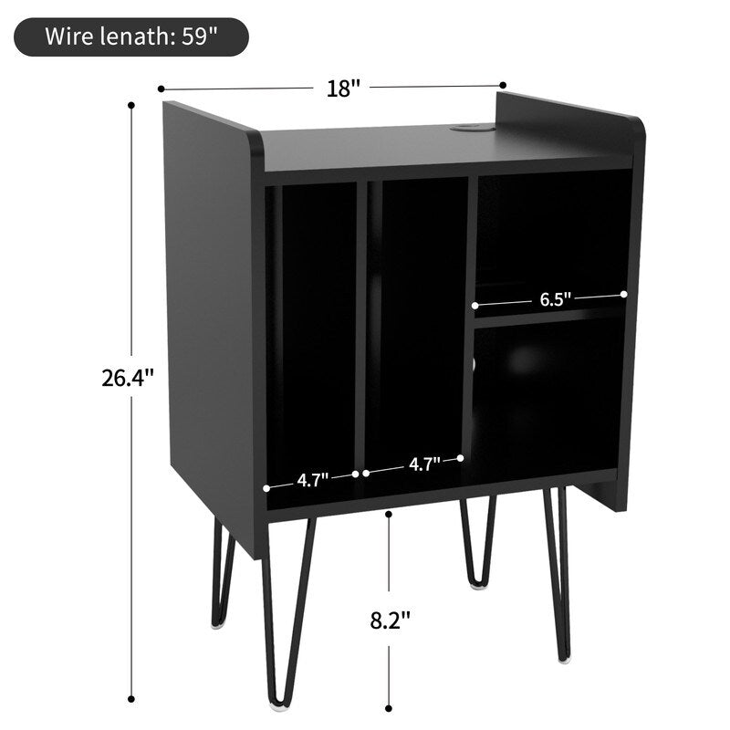 19"W Record Player Holder,Four Grid Record Table Cabinet Holder,Black Record Holder with Socket