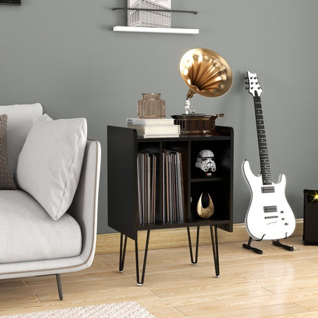 19"W Record Player Holder,Four Grid Record Table Cabinet Holder,Black Record Holder with Socket