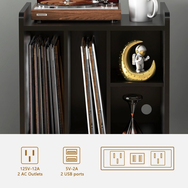 19"W Record Player Holder,Four Grid Record Table Cabinet Holder,Black Record Holder with Socket