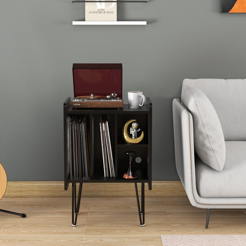19"W Record Player Holder,Four Grid Record Table Cabinet Holder,Black Record Holder with Socket