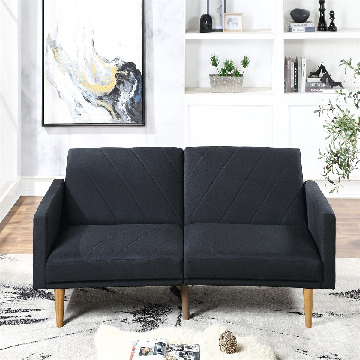 1Pc Convertible Sofa Couch Black Linen Like Fabric Cushion Clean Lines Wooden Legs Living Room(80" X 34" X 32"H)