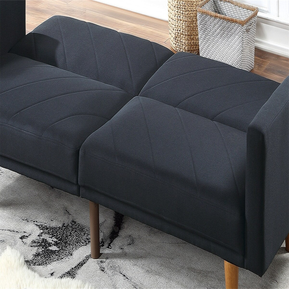 1Pc Convertible Sofa Couch Black Linen Like Fabric Cushion Clean Lines Wooden Legs Living Room(80" X 34" X 32"H)