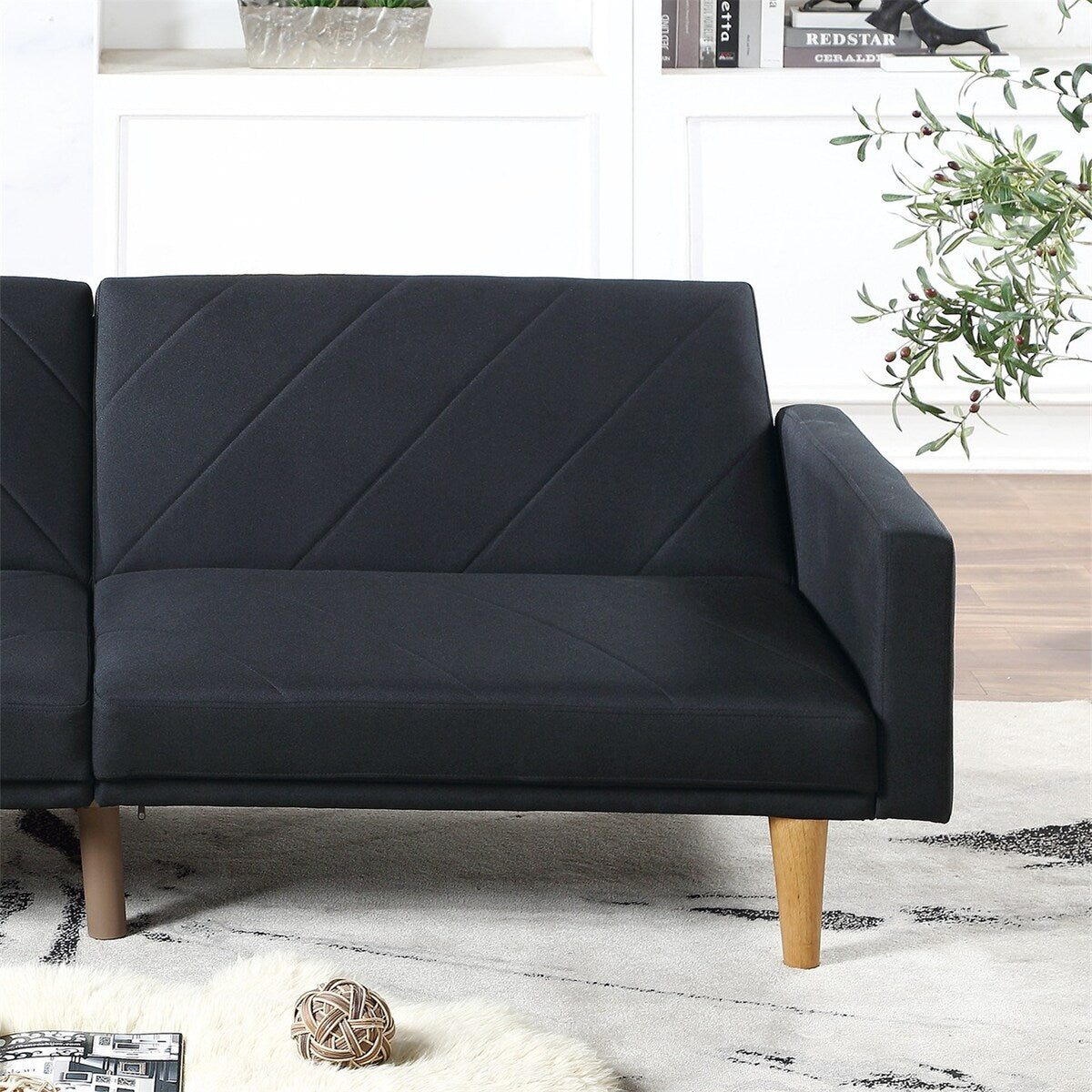 1Pc Convertible Sofa Couch Black Linen Like Fabric Cushion Clean Lines Wooden Legs Living Room(80" X 34" X 32"H)