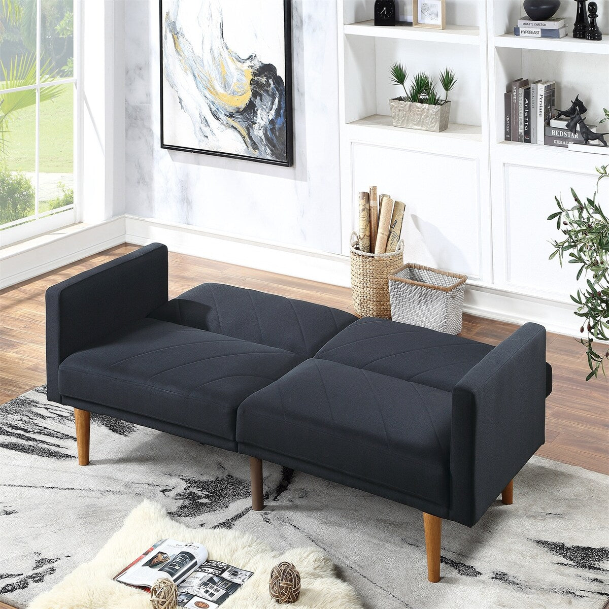 1Pc Convertible Sofa Couch Black Linen Like Fabric Cushion Clean Lines Wooden Legs Living Room(80" X 34" X 32"H)