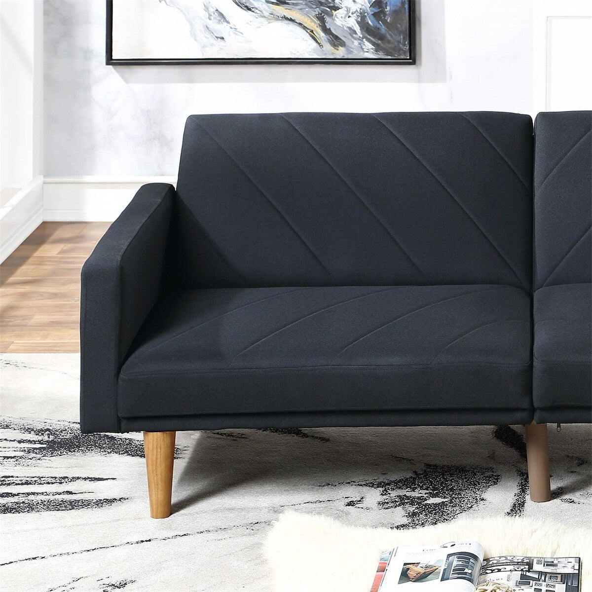 1Pc Convertible Sofa Couch Black Linen Like Fabric Cushion Clean Lines Wooden Legs Living Room(80" X 34" X 32"H)