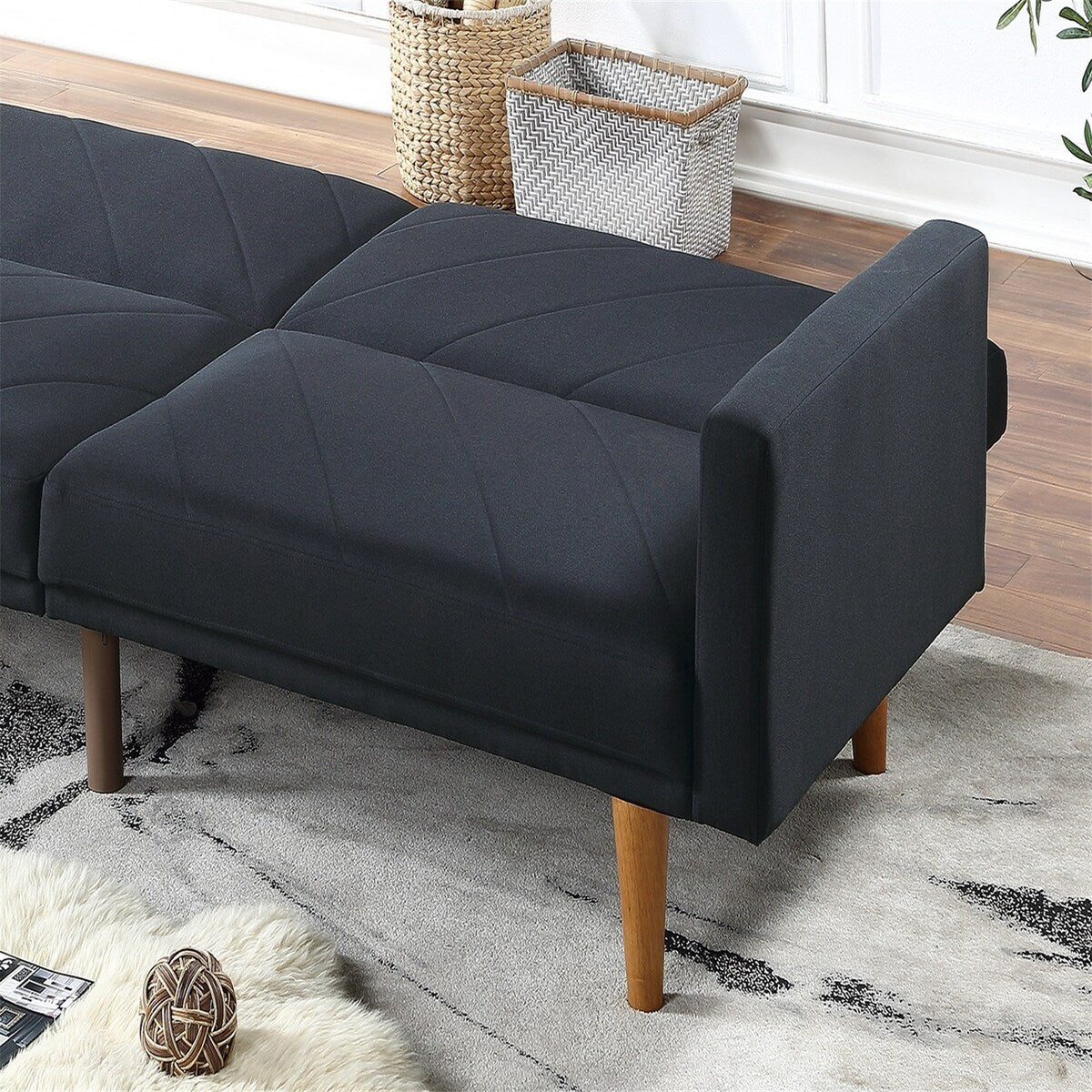 1Pc Convertible Sofa Couch Black Linen Like Fabric Cushion Clean Lines Wooden Legs Living Room(80" X 34" X 32"H)