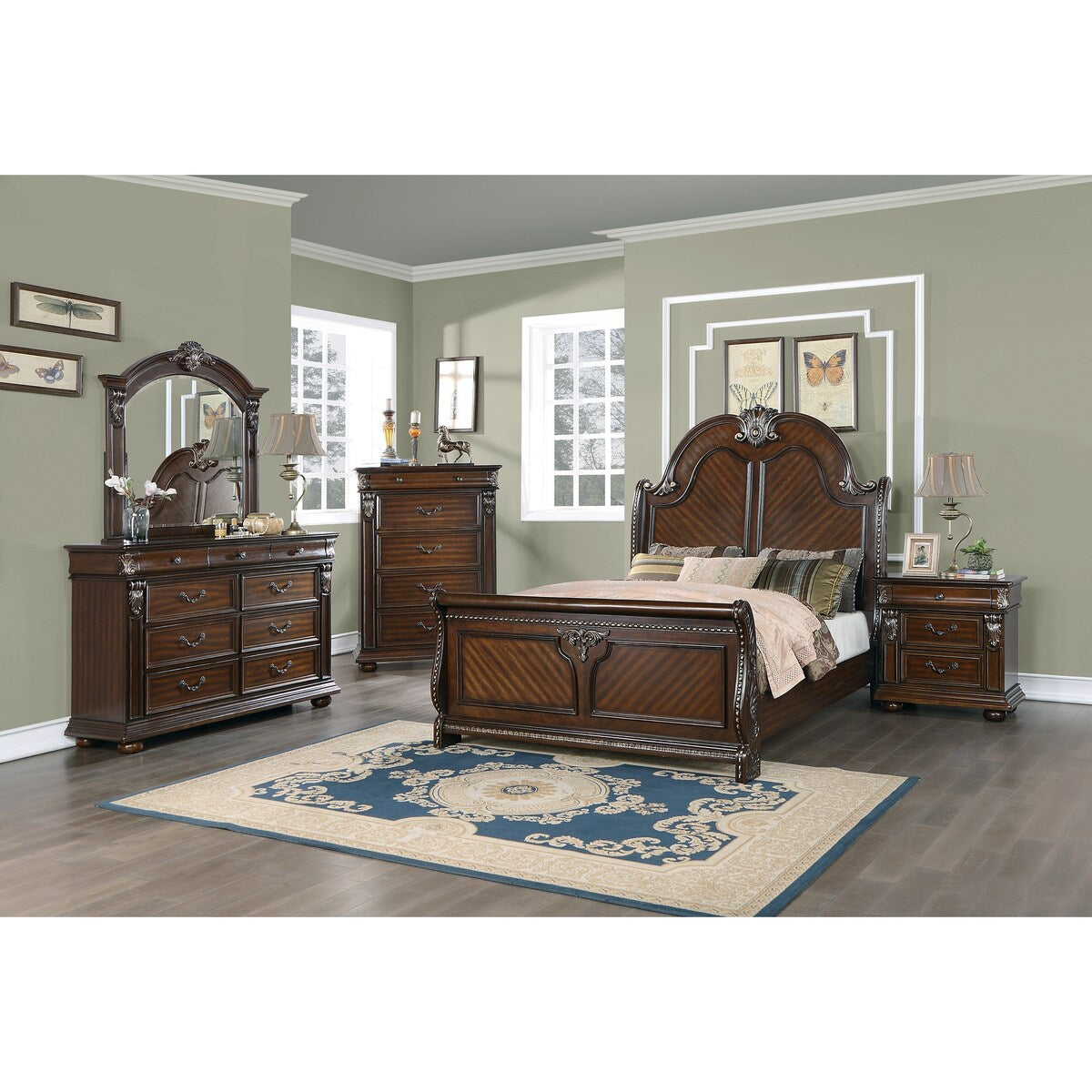 1pc Nightstand Bedroom Furniture Cherry Veneer Brown Finish 2-Drawers Hanging Pull Bedside Table