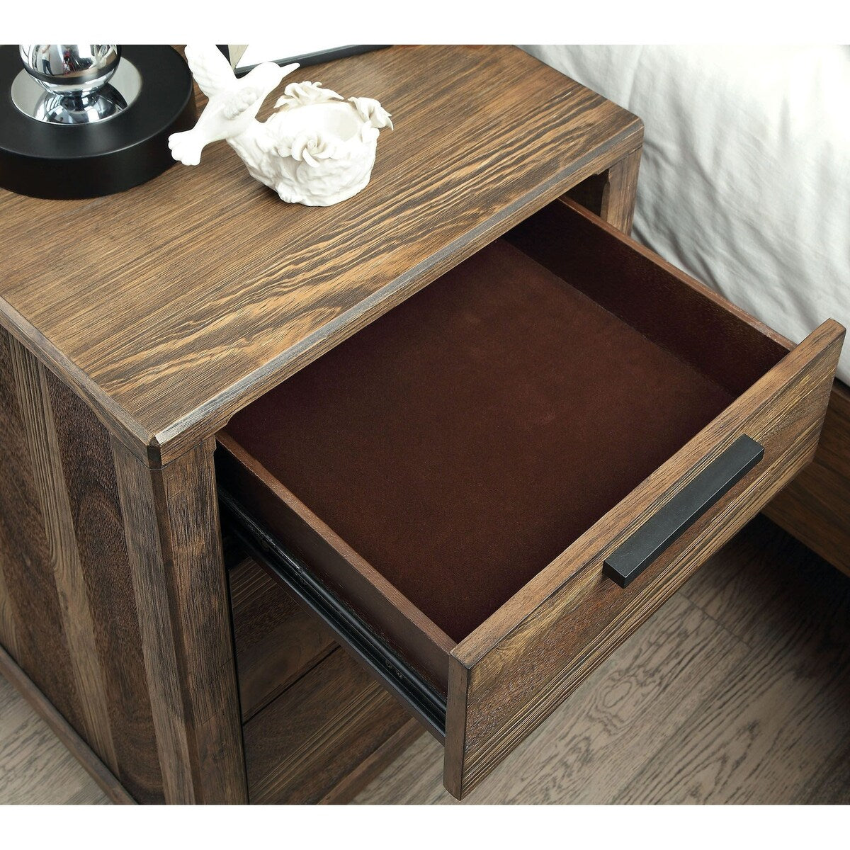 Transitional Rustic Natural Tone Solid wood Felt Lined Drawers Metal Handles Black Bar Pull