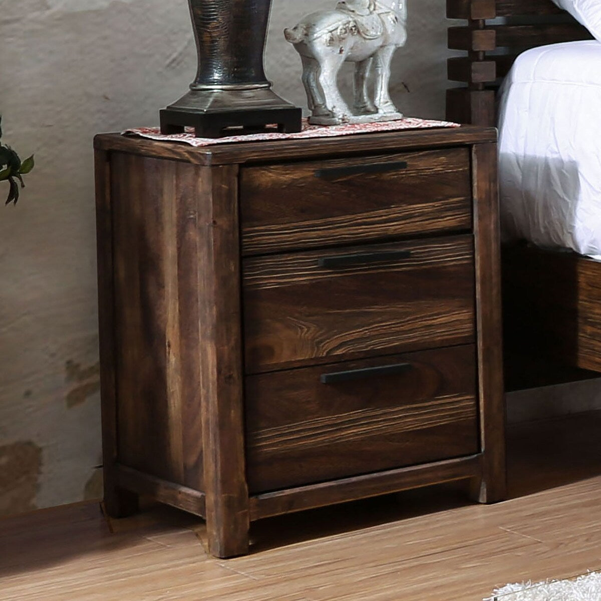 Transitional Rustic Natural Tone Solid wood Felt Lined Drawers Metal Handles Black Bar Pull