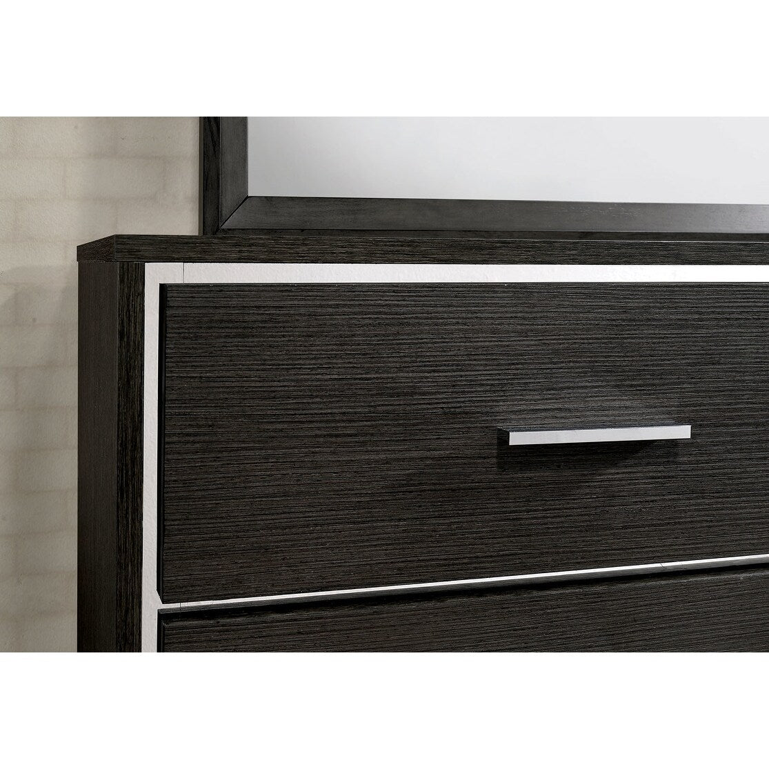 1x Nightstand Solid wood Warm Gray Sleek Modern Lines Chrome Trim Insert Contemporary Bedroom Furniture