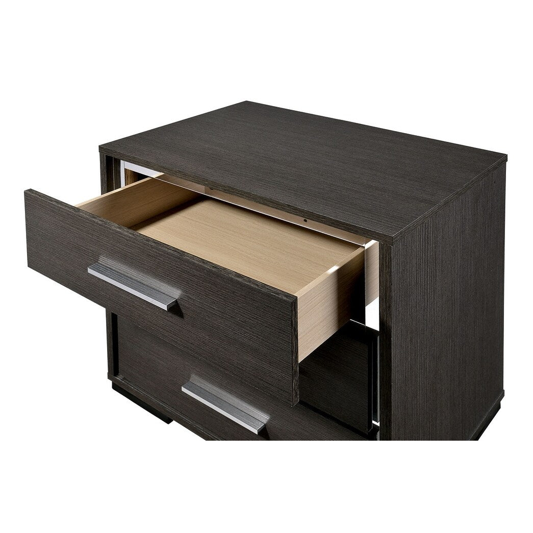 1x Nightstand Solid wood Warm Gray Sleek Modern Lines Chrome Trim Insert Contemporary Bedroom Furniture