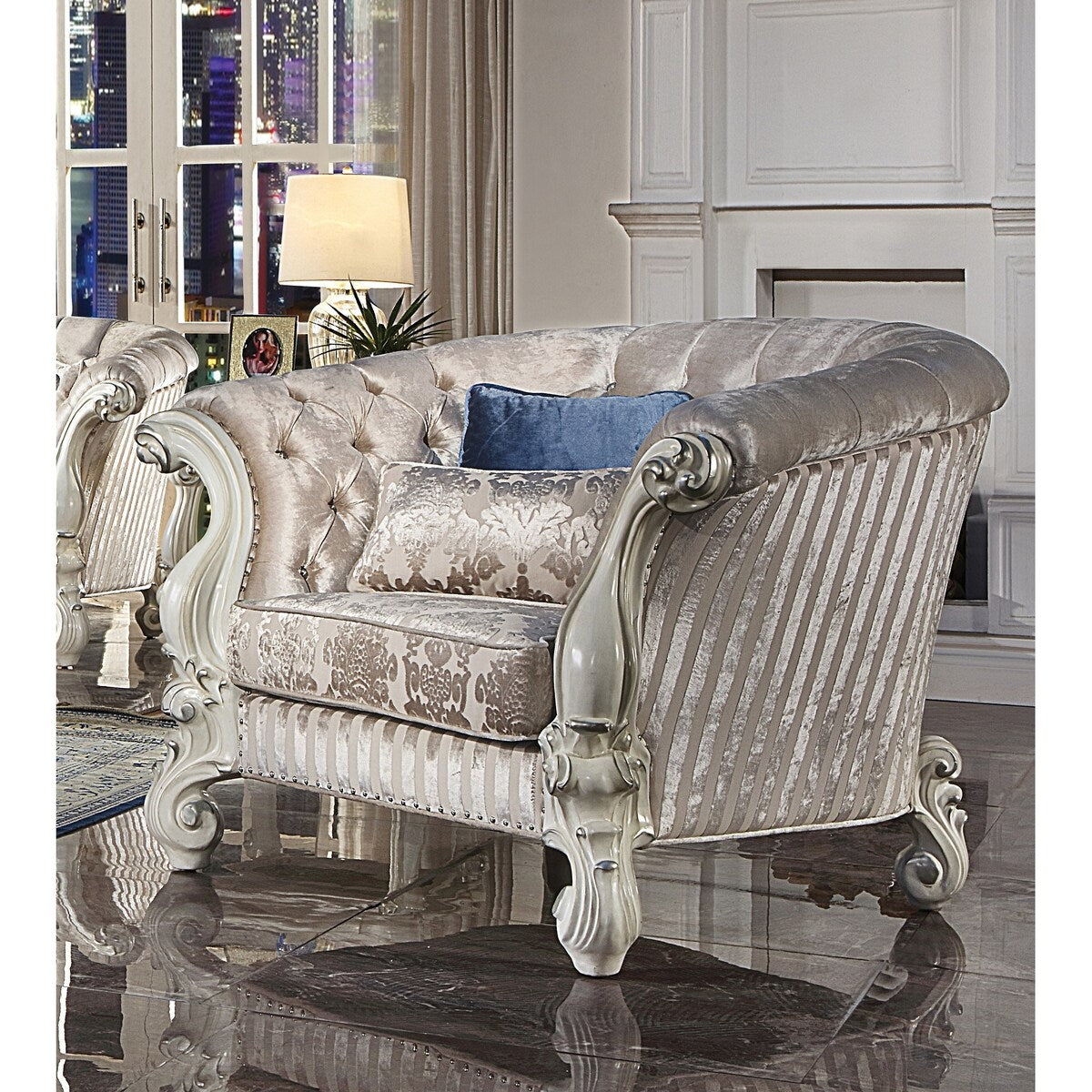 2 Accent Pillows Upholstered Accent Chair with Button Tufted Back in Ivory and Bone White