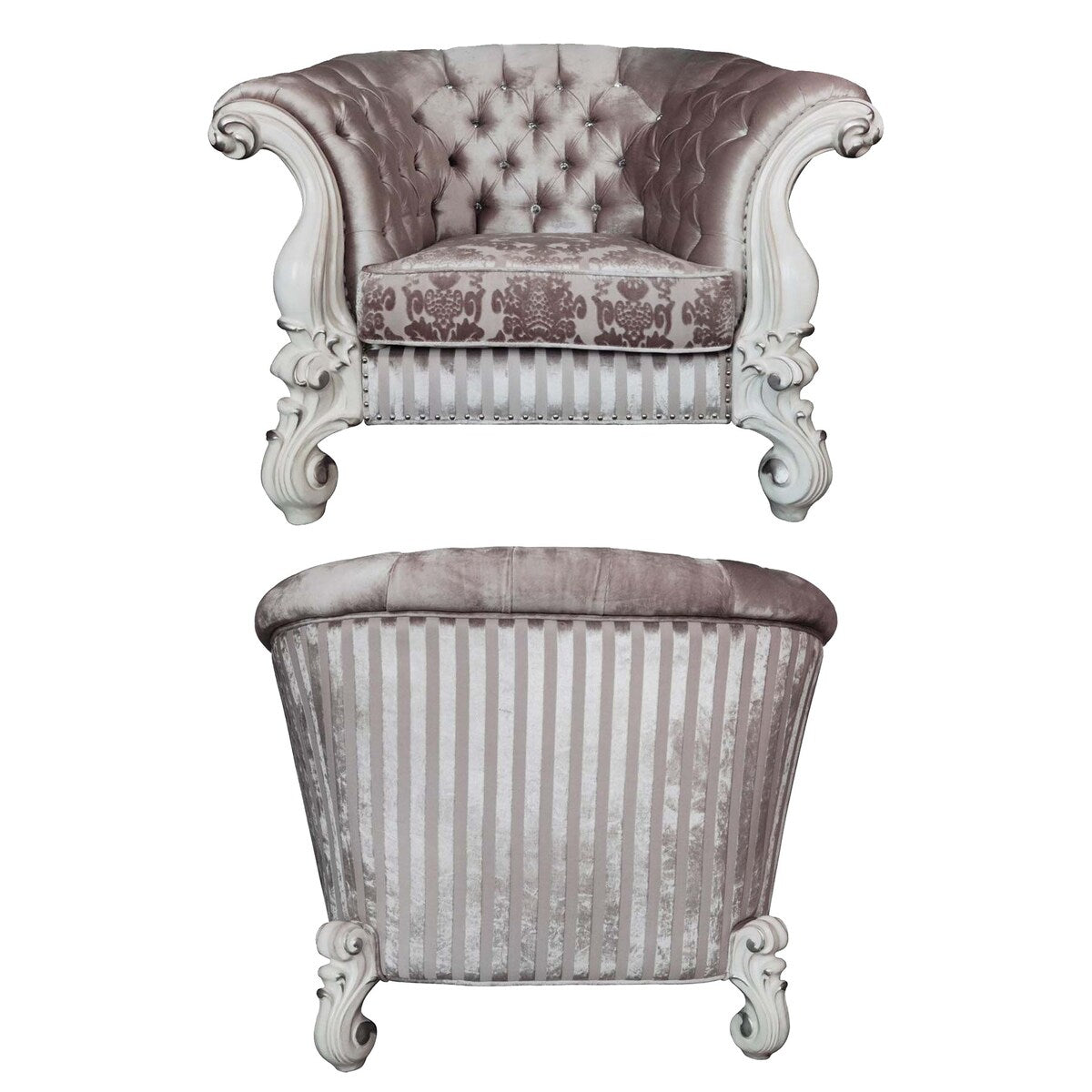 2 Accent Pillows Upholstered Accent Chair with Button Tufted Back in Ivory and Bone White