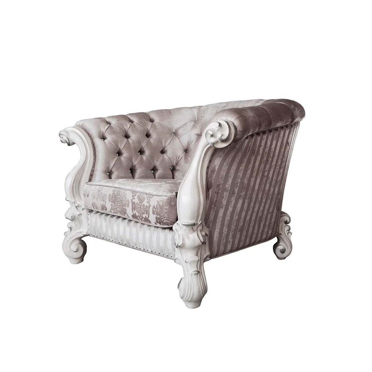 2 Accent Pillows Upholstered Accent Chair with Button Tufted Back in Ivory and Bone White