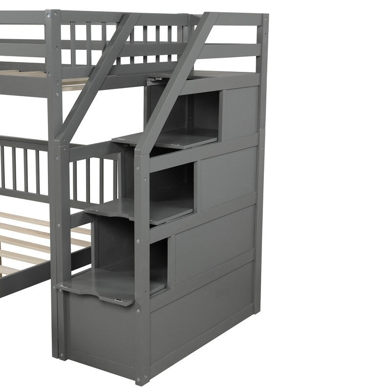 2 Bed in 1 Kids Bed Twin over Full Bunk Bed Loft Bed with Staircase Ladder with 3 Storage Grids Kids Furniture, Gray