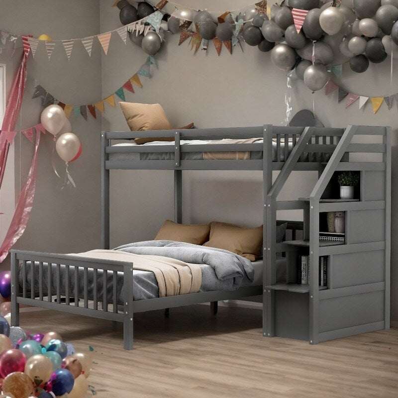 2 Bed in 1 Kids Bed Twin over Full Bunk Bed Loft Bed with Staircase Ladder with 3 Storage Grids Kids Furniture, Gray