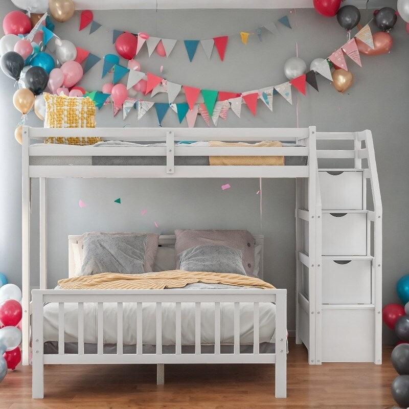 2 Bed in 1 Kids Bed Twin over Full Bunk Bed Loft Bed with Staircase Ladder with 3 Storage Grids Kids Furniture, Gray