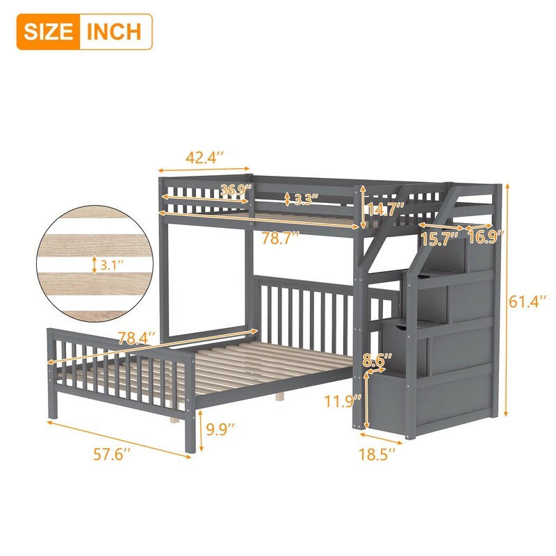2 Bed in 1 Kids Bed Twin over Full Bunk Bed Loft Bed with Staircase Ladder with 3 Storage Grids Kids Furniture, Gray