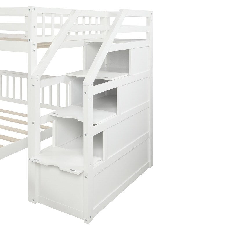 2 Bed in 1 Kids Bed Twin over Full Bunk Bed Loft Bed with Staircase Ladder with 3 Storage Grids Kids Furniture, Gray