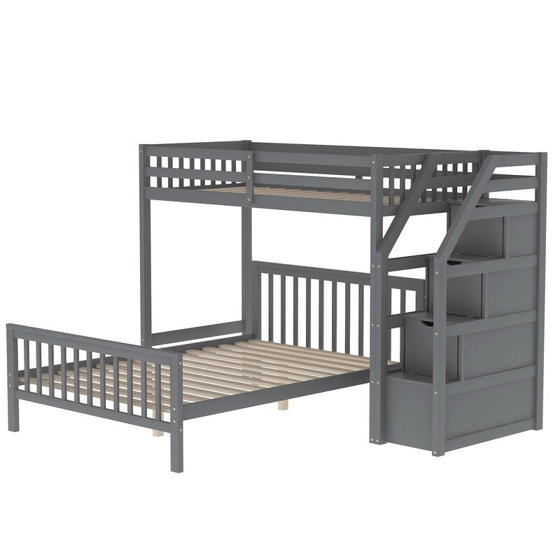 2 Bed in 1 Kids Bed Twin over Full Bunk Bed Loft Bed with Staircase Ladder with 3 Storage Grids Kids Furniture, Gray