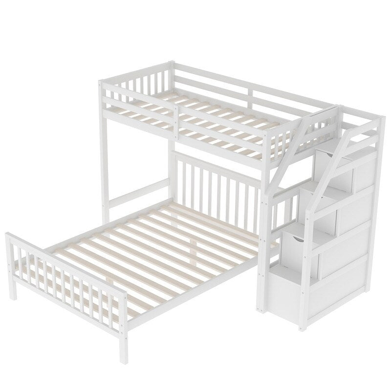 2 Bed in 1 Kids Bed Twin over Full Bunk Bed Loft Bed with Staircase Ladder with 3 Storage Grids Kids Furniture, Gray