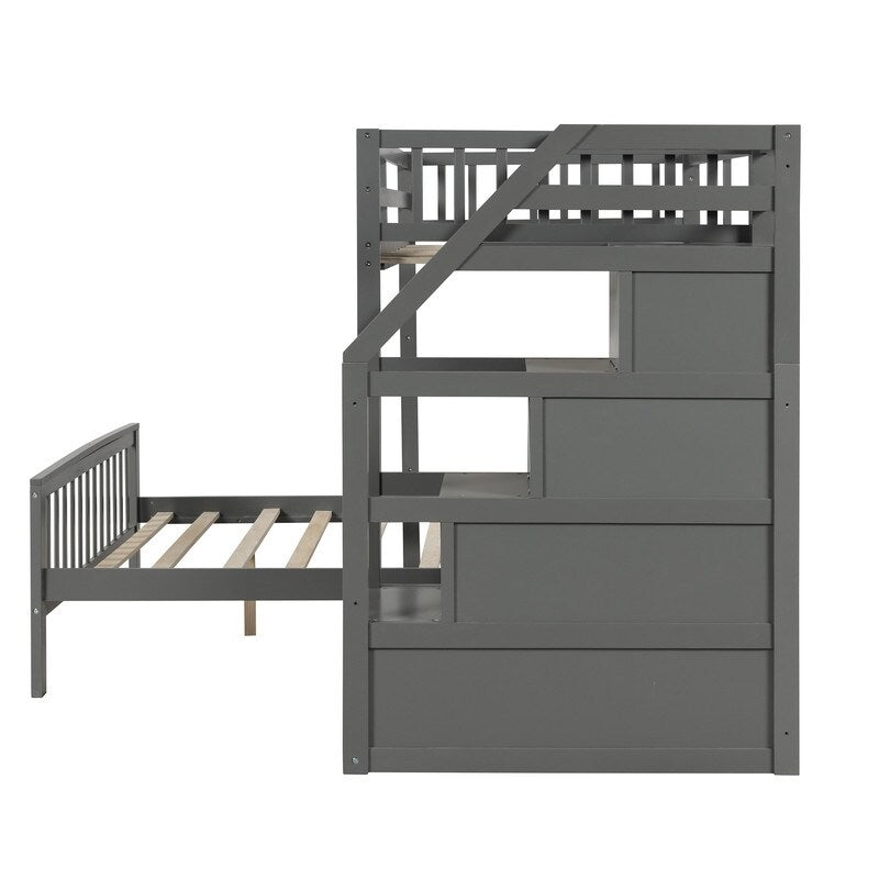 2 Bed in 1 Kids Bed Twin over Full Bunk Bed Loft Bed with Staircase Ladder with 3 Storage Grids Kids Furniture, Gray