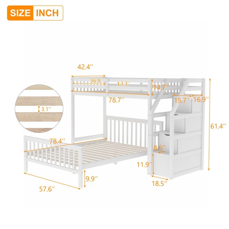 2 Bed in 1 Kids Bed Twin over Full Bunk Bed Loft Bed with Staircase Ladder with 3 Storage Grids Kids Furniture, Gray