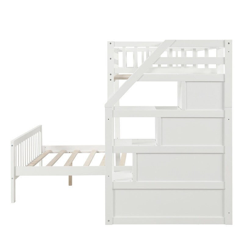 2 Bed in 1 Kids Bed Twin over Full Bunk Bed Loft Bed with Staircase Ladder with 3 Storage Grids Kids Furniture, Gray