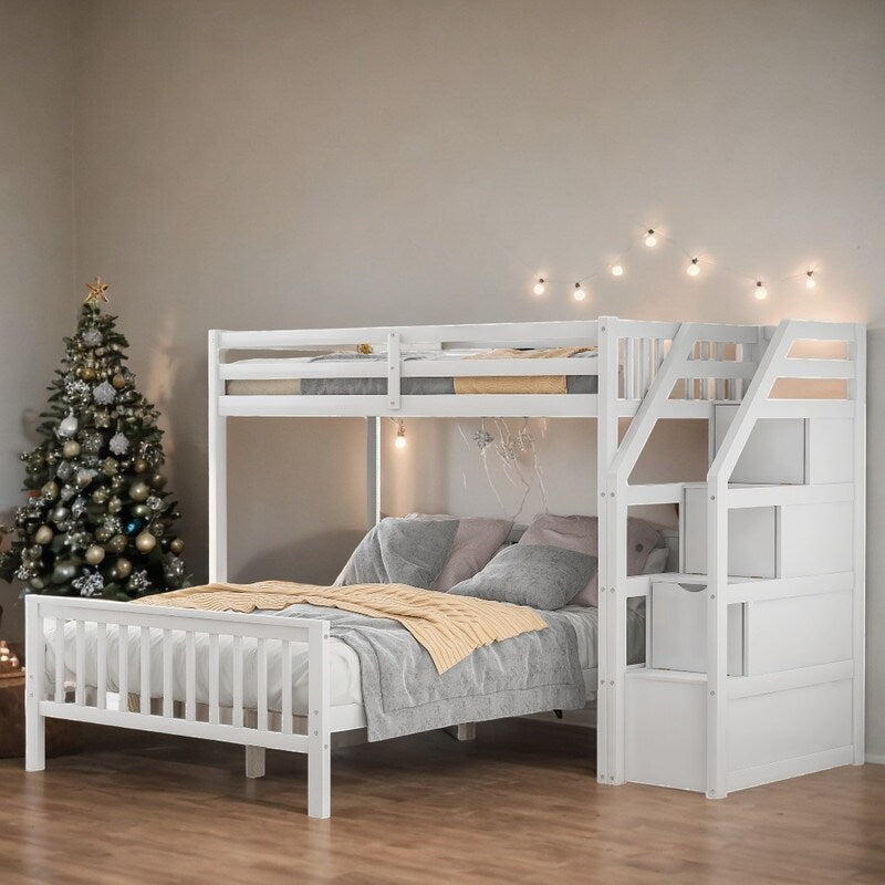 2 Bed in 1 Kids Bed Twin over Full Bunk Bed Loft Bed with Staircase Ladder with 3 Storage Grids Kids Furniture, Gray