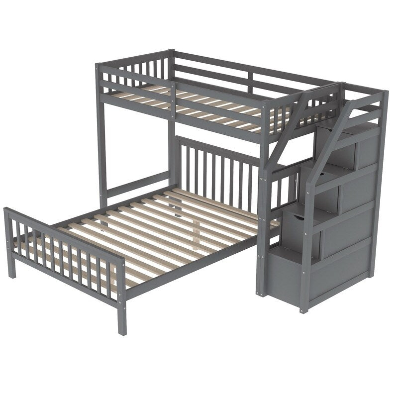 2 Bed in 1 Kids Bed Twin over Full Bunk Bed Loft Bed with Staircase Ladder with 3 Storage Grids Kids Furniture, Gray