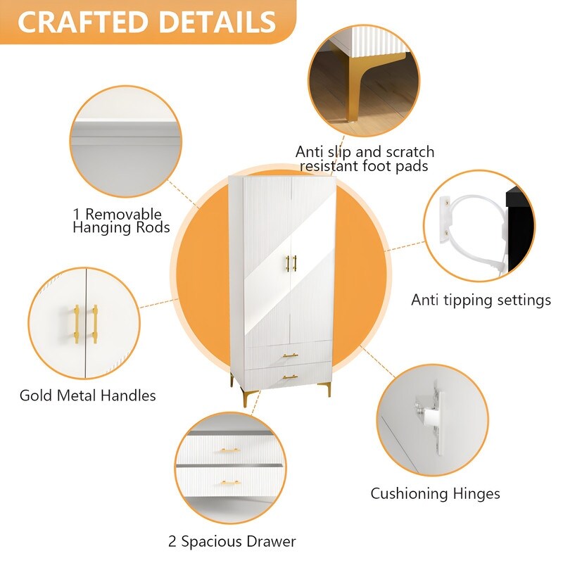 2 Door 2 Drawers, White Armoires, Wardrobe Cabinet, Suitable for Wardrobes in Bedrooms, Offices