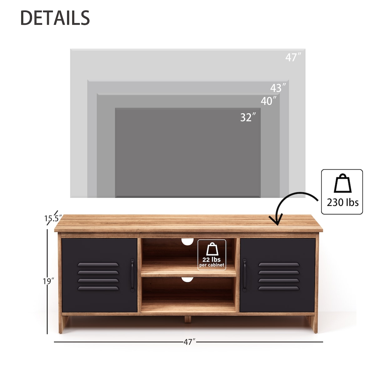 2 Door TV stand for TVs up to 50 Inch Living Room Storage Cabinet Doors and Shelves Home Entertainment Center
