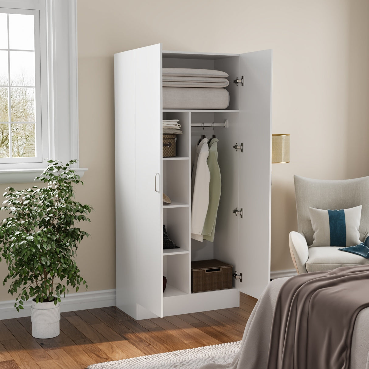 2-Door Wardrobe Armoires Freestanding Bedroom Armoire with Hanging Rod