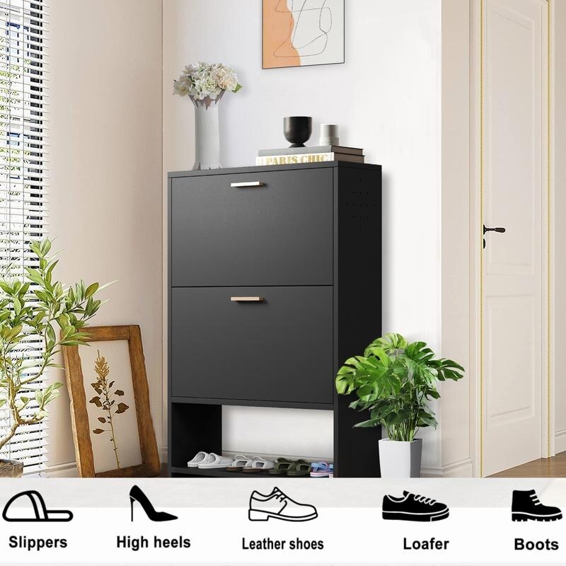 2 Drawer All Steel Large Shoe Cabinet, Freestanding Shoe Rack Organizer with Flip Door