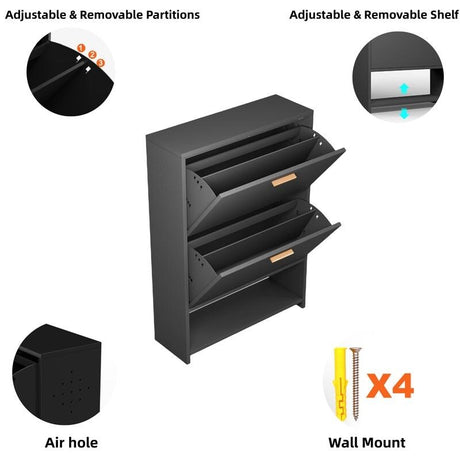 2 Drawer All Steel Large Shoe Cabinet, Freestanding Shoe Rack Organizer with Flip Door