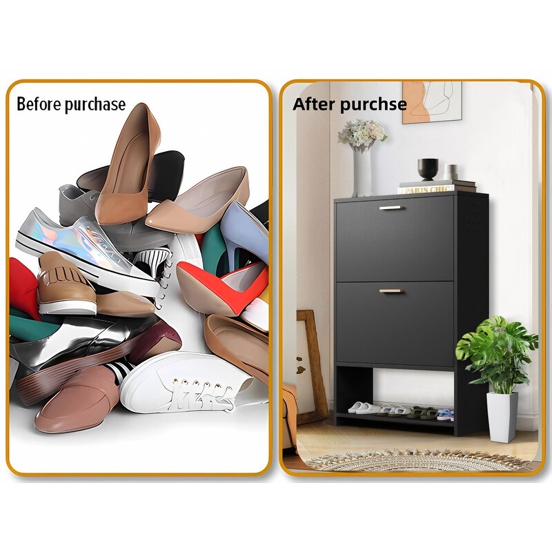 2 Drawer All Steel Large Shoe Cabinet, Freestanding Shoe Rack Organizer with Flip Door