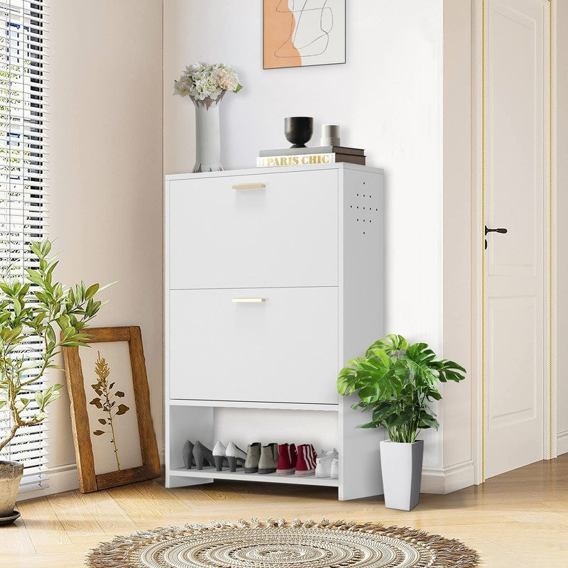 2 Drawer All Steel Large Shoe Cabinet, Freestanding Shoe Rack Organizer with Flip Door