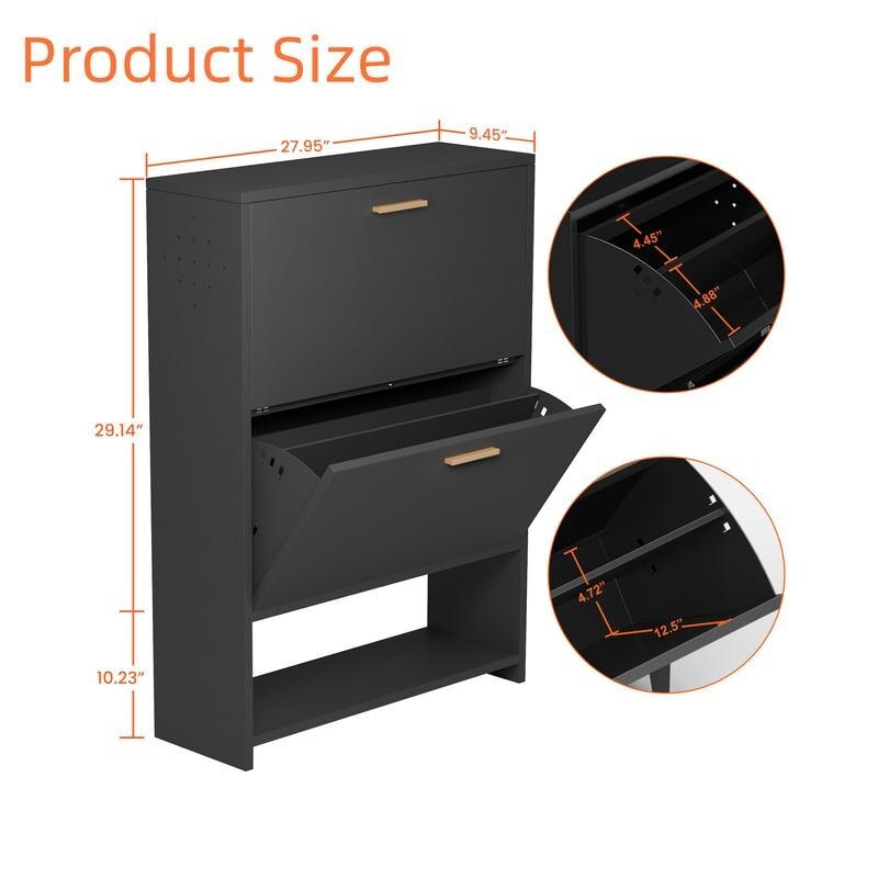 2 Drawer All Steel Large Shoe Cabinet, Freestanding Shoe Rack Organizer with Flip Door