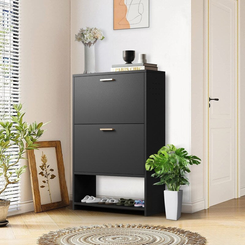 2 Drawer All Steel Large Shoe Cabinet, Freestanding Shoe Rack Organizer with Flip Door