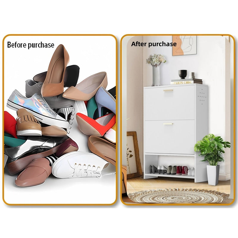 2 Drawer All Steel Large Shoe Cabinet, Freestanding Shoe Rack Organizer with Flip Door