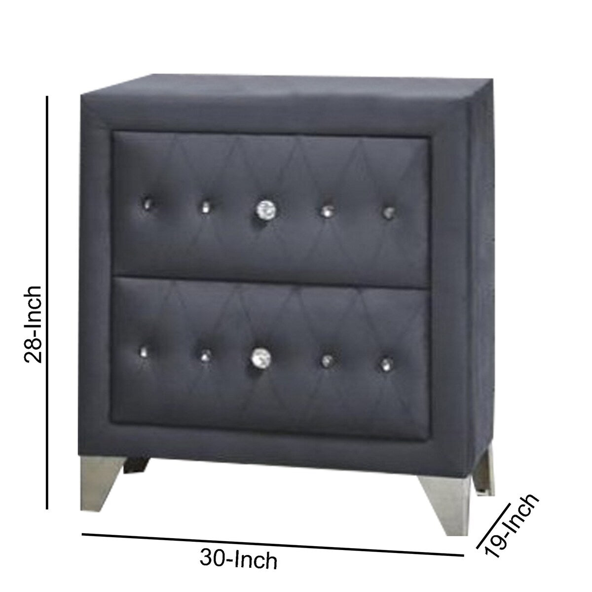 2 Drawer Fabric Frame Nightstand with Faux Crystals Accent, Gray