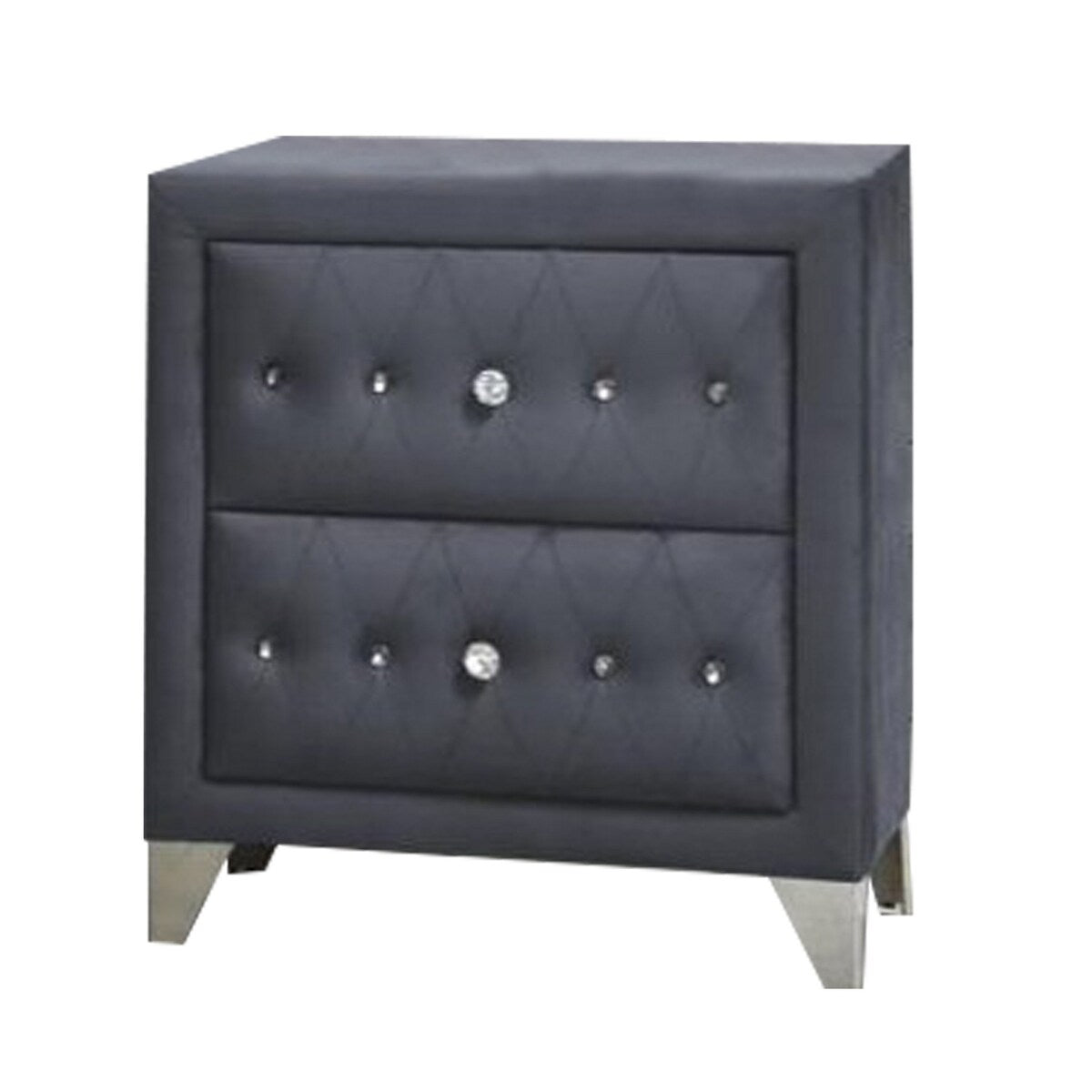 2 Drawer Fabric Frame Nightstand with Faux Crystals Accent, Gray