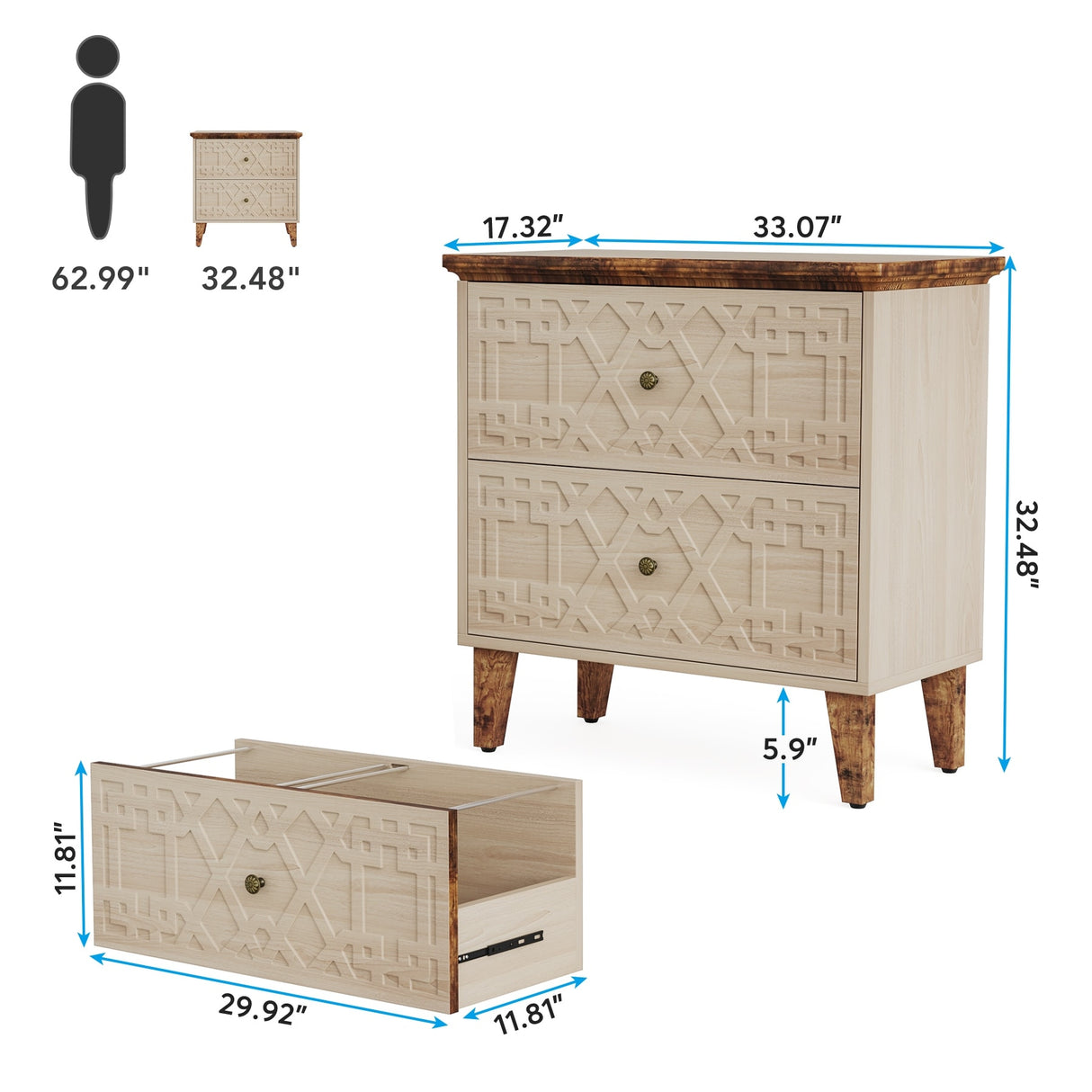2 Drawer Lateral File Cabinet, Office Filing Cabinet for A4 / Letter Size/Legal Size Files