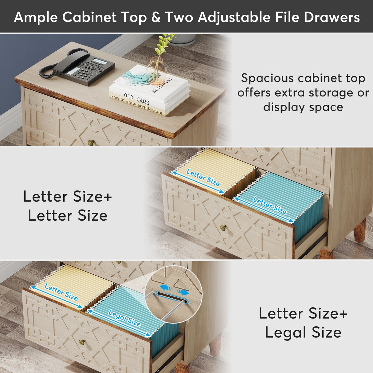 2 Drawer Lateral File Cabinet, Office Filing Cabinet for A4 / Letter Size/Legal Size Files