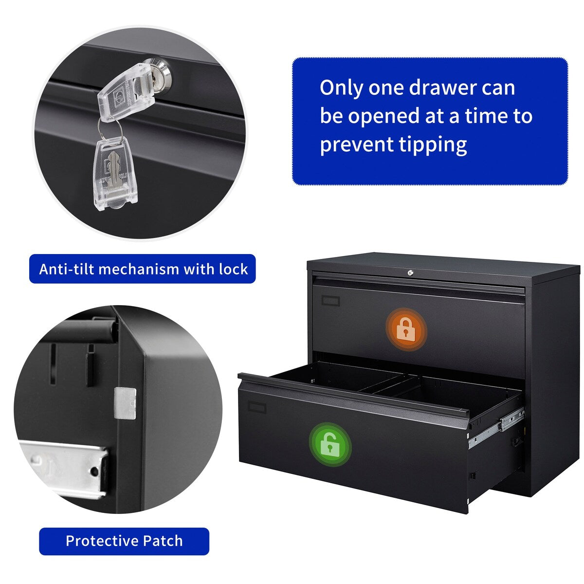 2 Drawer Lateral Filing Cabinet for Legal/Letter A4 Size, Large Deep Drawers Locked by Keys