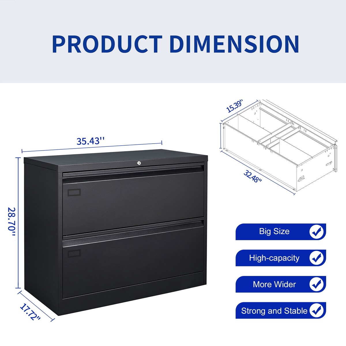 2 Drawer Lateral Filing Cabinet for Legal/Letter A4 Size, Large Deep Drawers Locked by Keys
